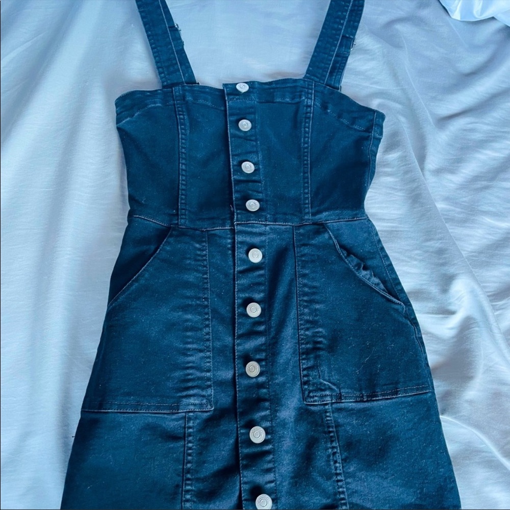 H&M black denim mini overall dress